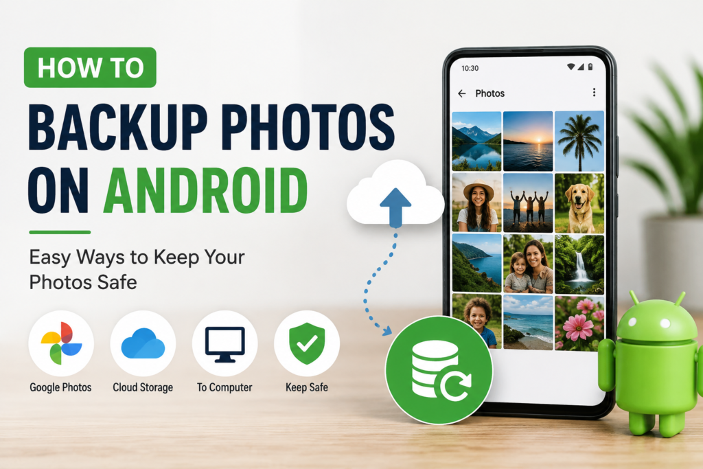 Featured image showing how to back up photos on an Android phone using cloud storage, Google Photos, or a computer.