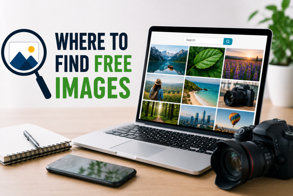 Laptop displaying a collection of free stock photos beside a camera and smartphone, illustrating where to find free images.