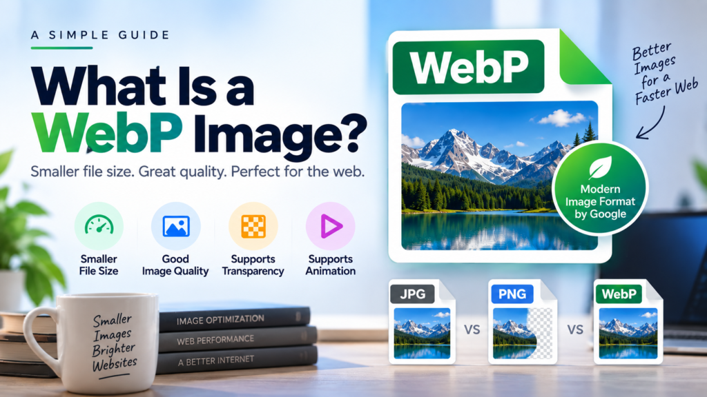 WebP image format explained with a WebP file, JPG and PNG comparison, smaller file size, image quality, transparency, and animation.