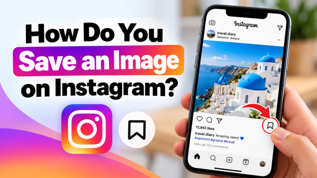 How do you save an image on Instagram showing a smartphone with the Instagram save button highlighted.