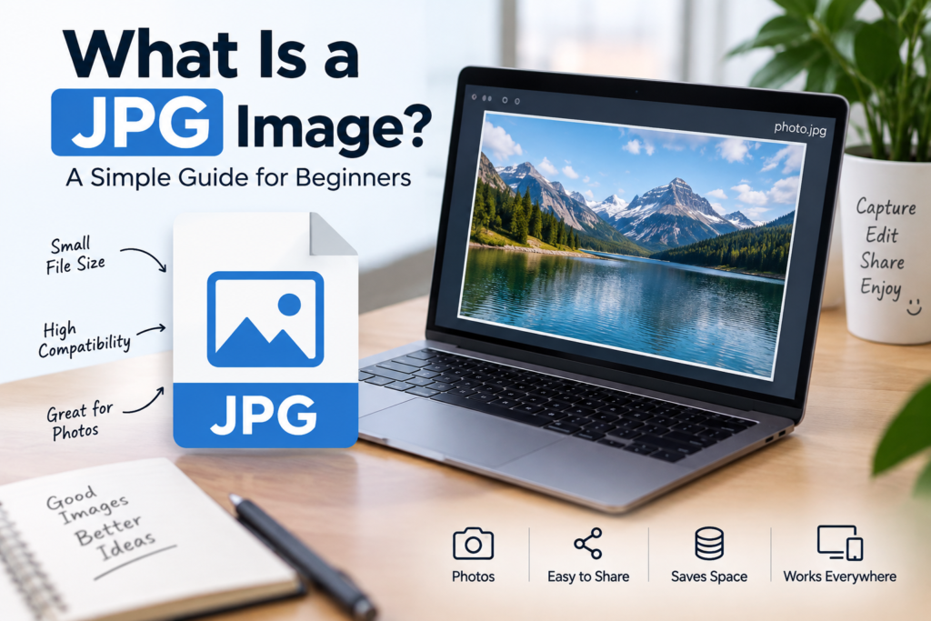 What Is a JPG Image? A JPG file icon and laptop displaying a photo with information about image quality and file size.