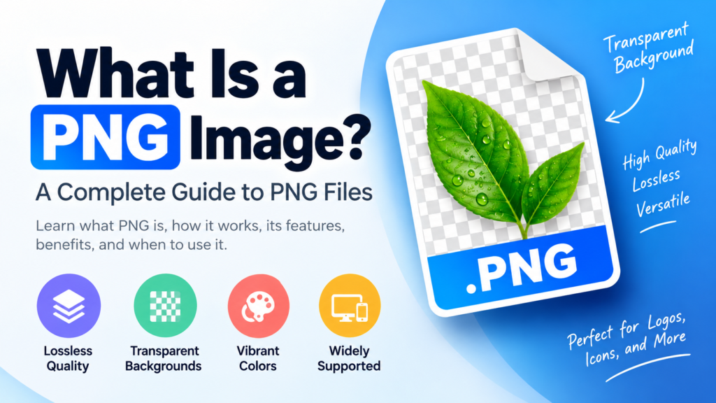 What Is a PNG Image? infographic showing a PNG file with a transparent checkerboard background, green leaf, high quality, vibrant colors, and wide compatibility.