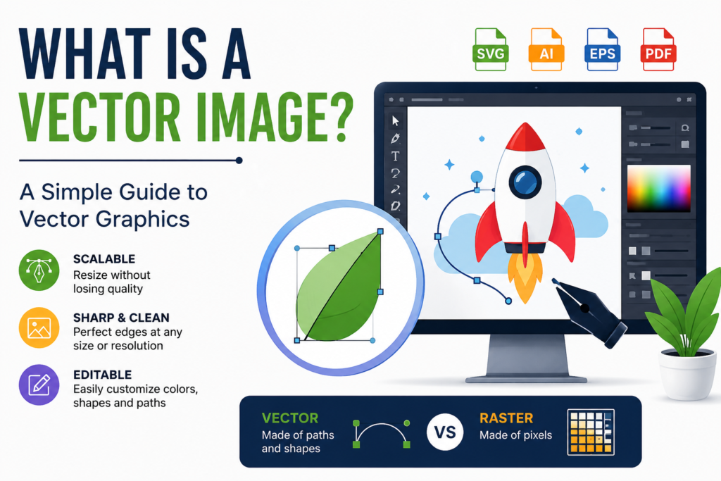 What is a vector image infographic showing scalable vector graphics, SVG, AI, EPS, and PDF formats compared with raster images