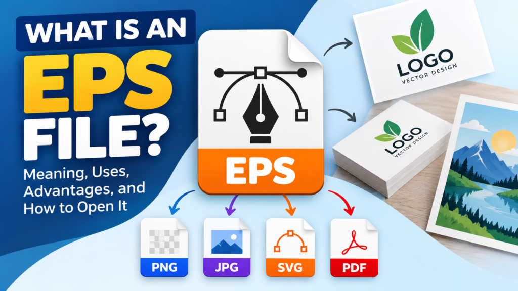 What is an EPS file? Illustration of the EPS format, vector logo design, printing uses, and PNG, JPG, SVG, and PDF formats.