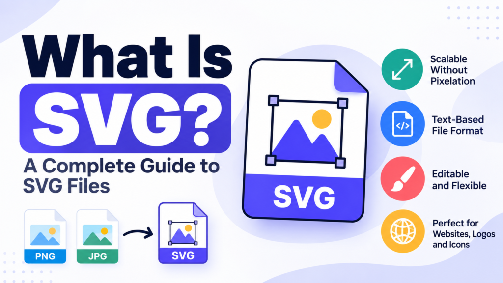 What Is SVG? A complete guide to SVG files, showing an SVG document, scalable graphics, and comparison with PNG and JPG.